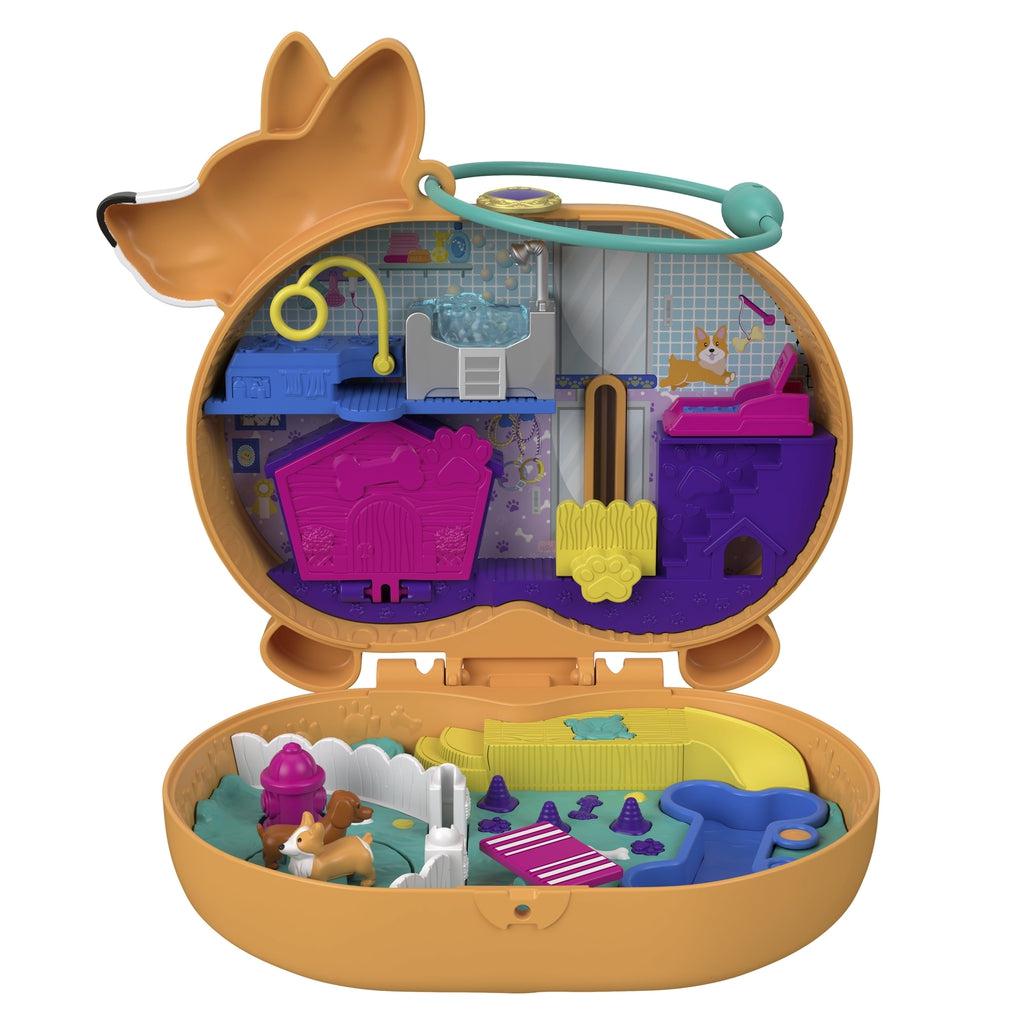 Open compact | Compact interior top half: Left side has a dog bath with realistic water, a blow drying station and hotel room with opening door. Right side has an elevator and a treadmill. |  Compact interior bottom half: Yard with a bone shaped pool, obstacle course, and fire hydrant.