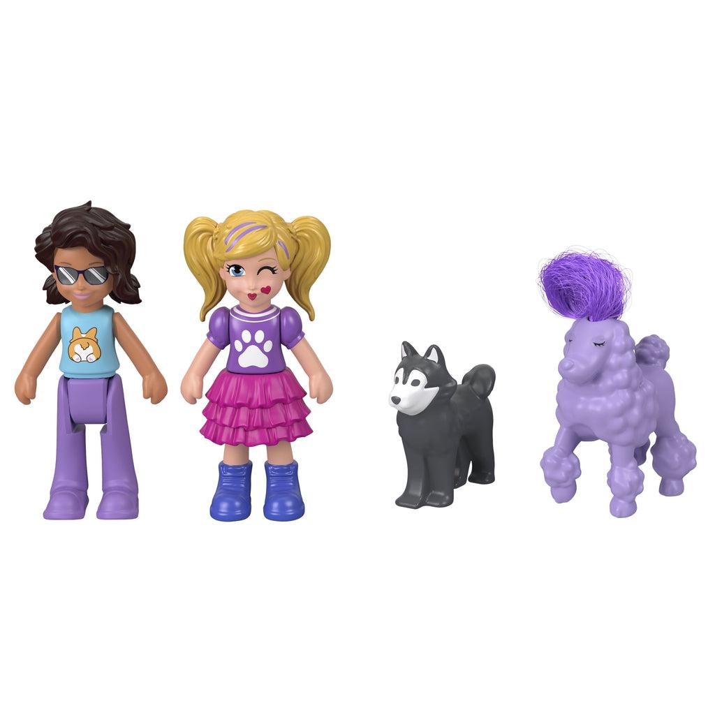 Accessories are small plastic pieces included with compact | Includes Polly and Shani micro figures, a husky, and a purple poodle with real hair.