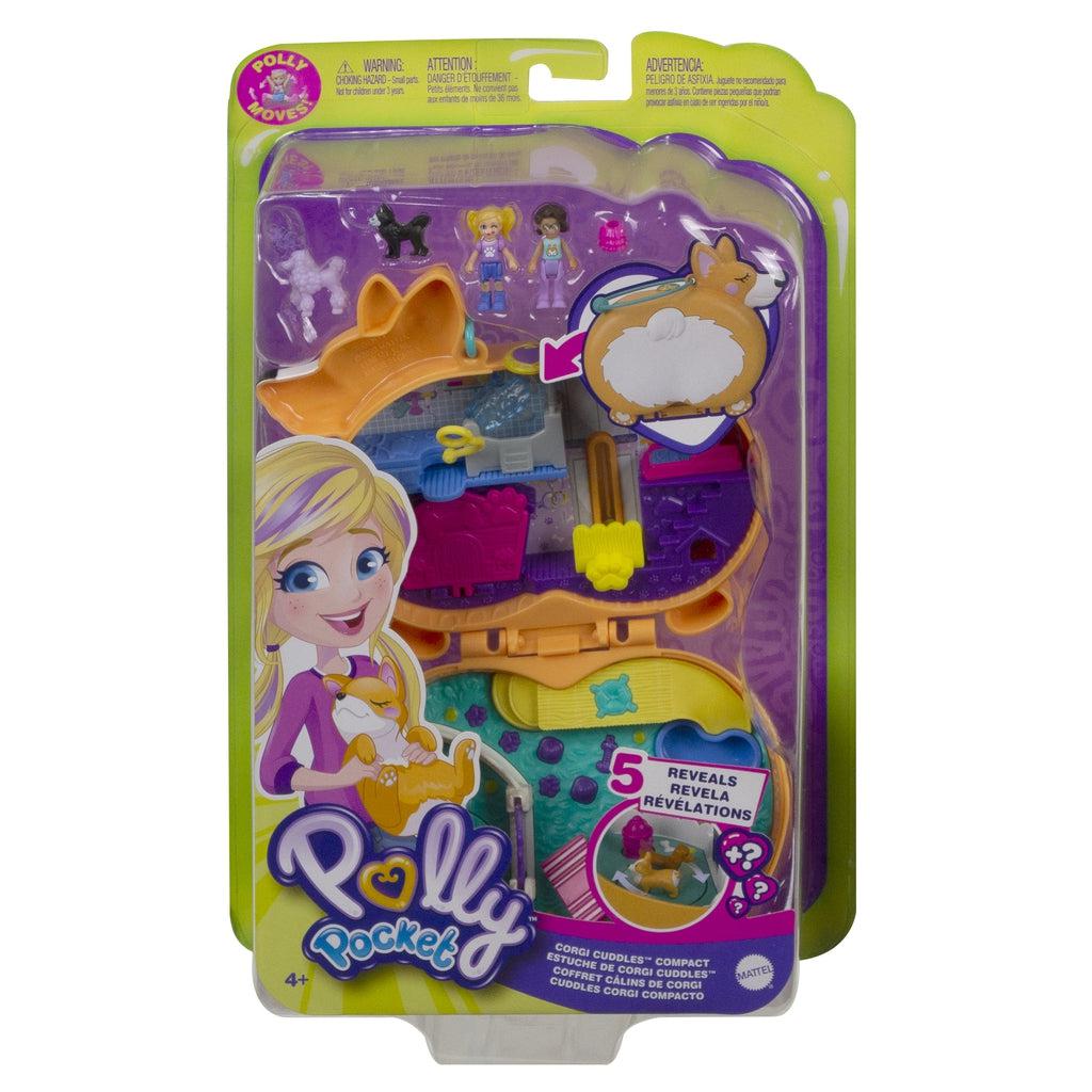 Packaging of Corgi Cuddles Polly Pocket | Packaging is see-through with open compact visible inside. It also features an illustration of Polly Pocket holding a corgi.