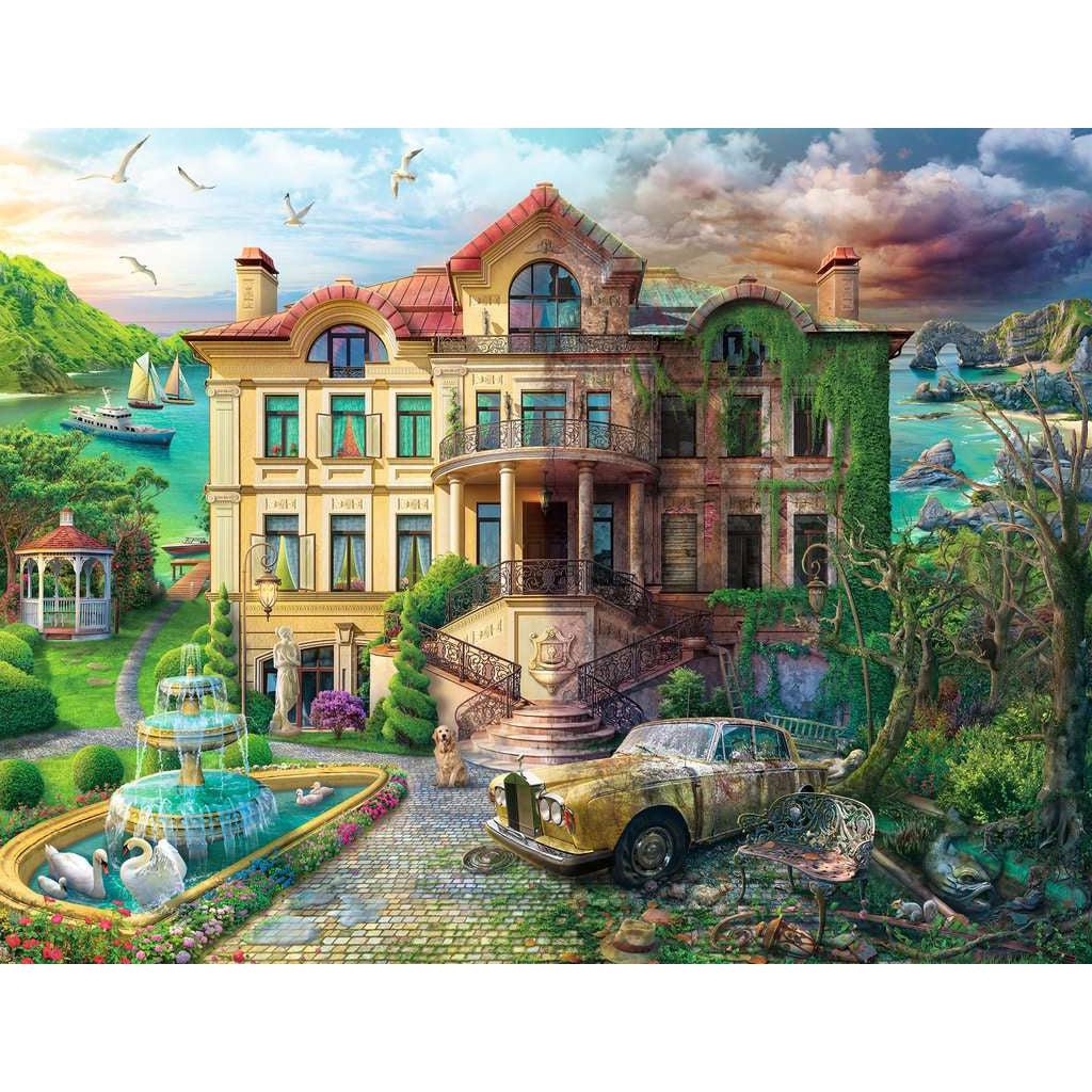 Puzzle is a time-defying picture. On the left side is a half of a manor while it is in use. The sun is shining, there are birds in the fountain, and the lawn is neatly trimmed. On the right half, the manor is run down complete with dying trees, a rusty car, and gloomy clouds.