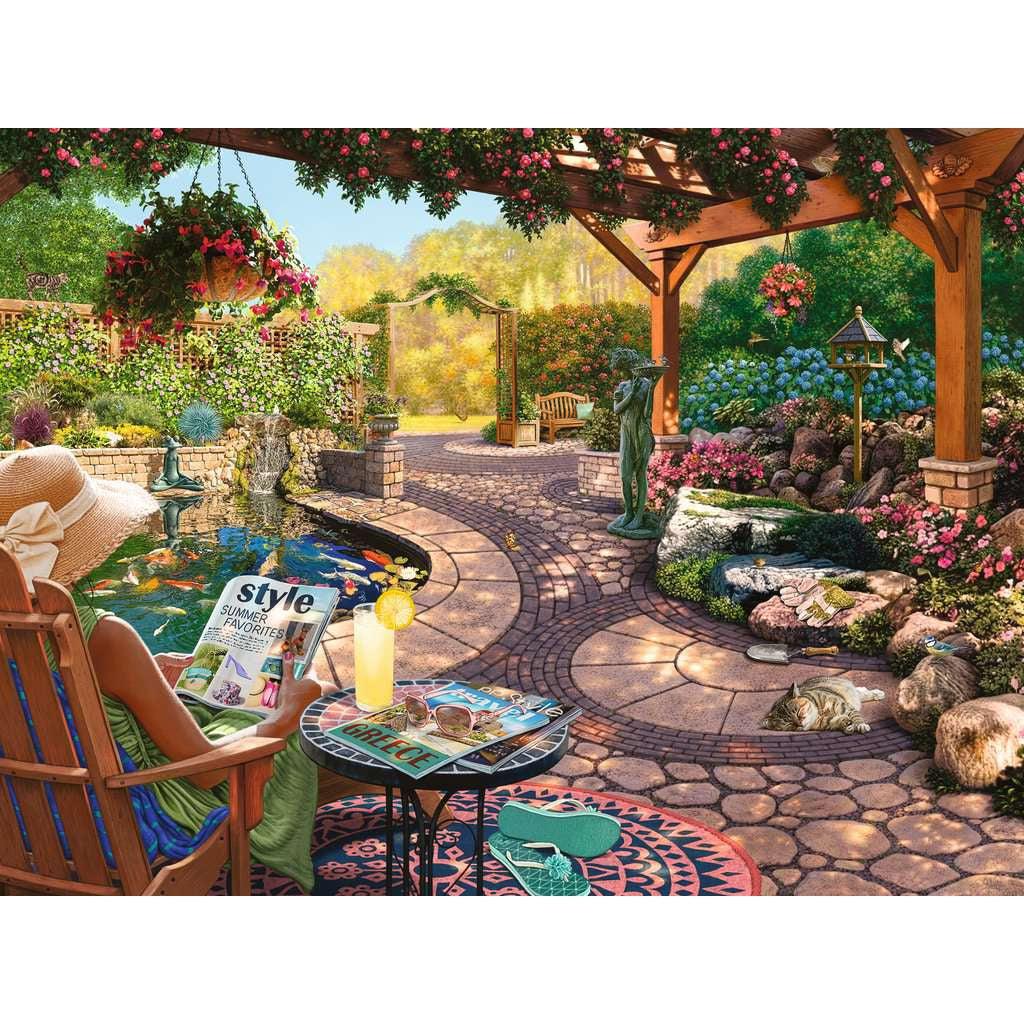 Image of puzzle | Woman sits reading a magazine in a yard with flowers, a pond, a paved path, and yard décor 