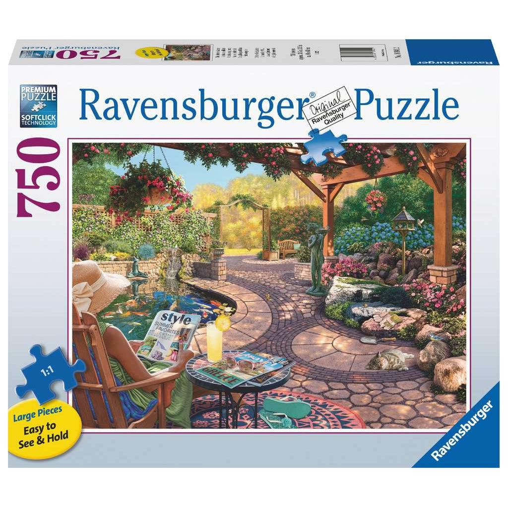 Ravensburger puzzle box | Image of illustration of woman sitting in backyard | 750 XL pcs