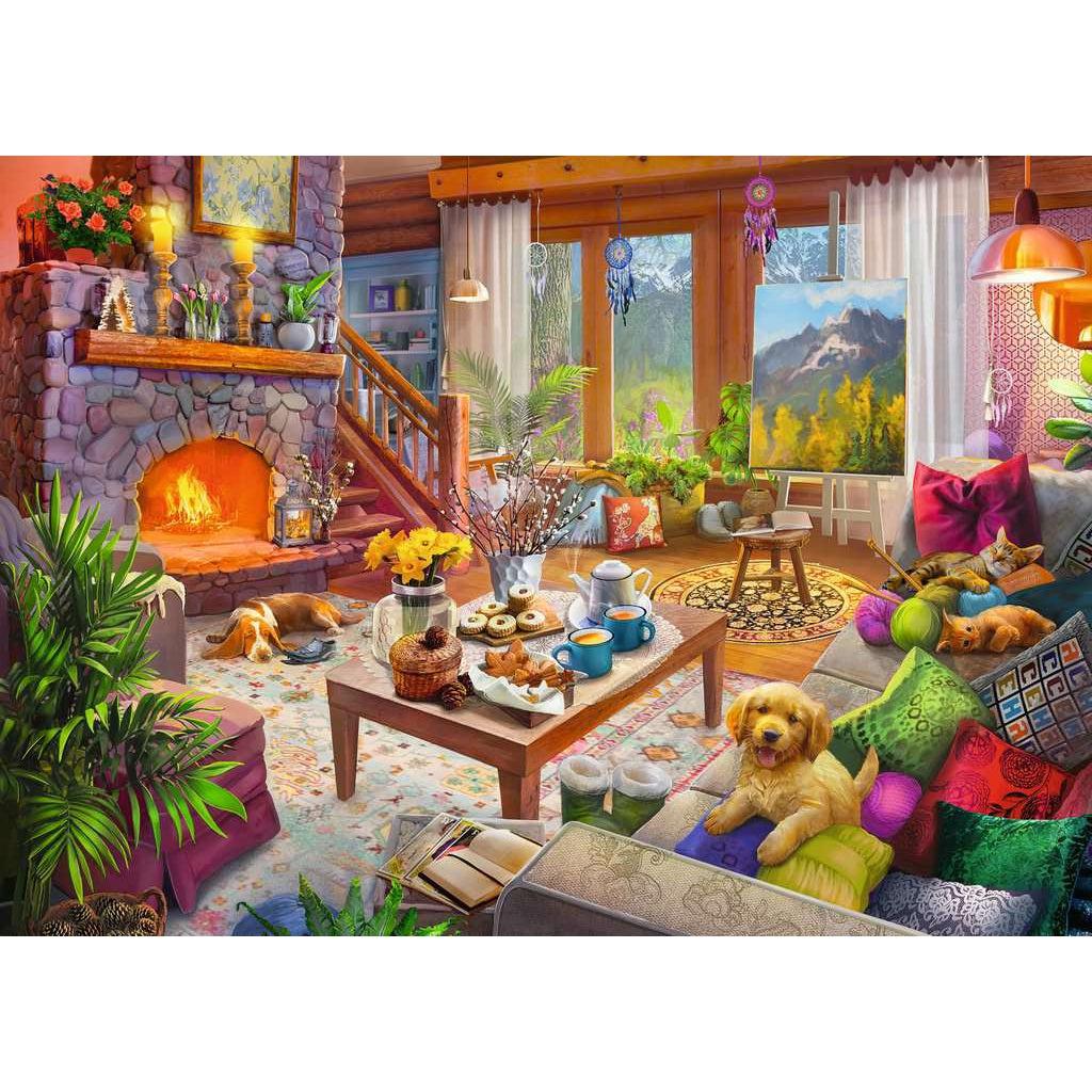 Puzzle is of the living room of a mountain cabin. The fire is roaring, cats and dogs are piled on top of fluffy pillows, treats and hot tea are laid out, and there are plants to make the space feel complete.