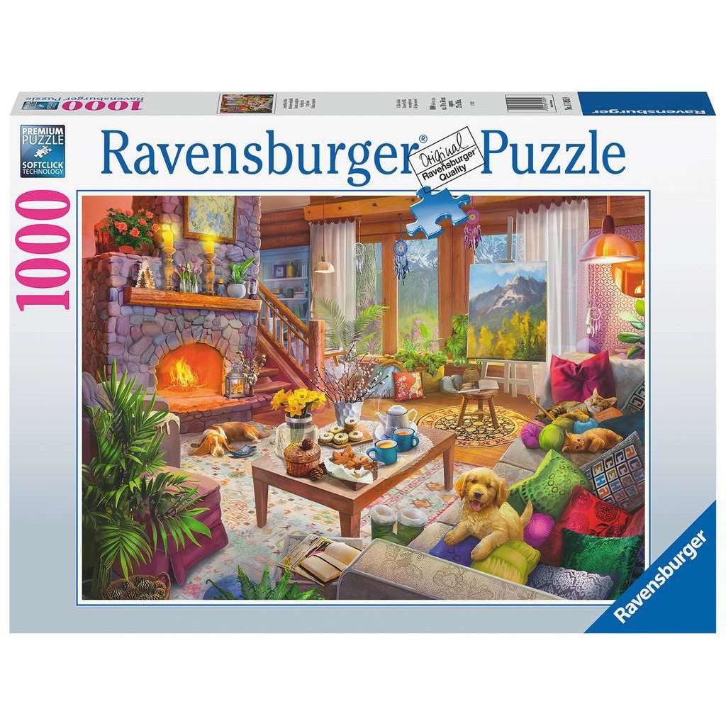 Image shows front of puzzle box. It has information such as brand name, Ravensburger, and piece count (1000pc). In the center is  a picture of the finished puzzle. Puzzle described on next image.