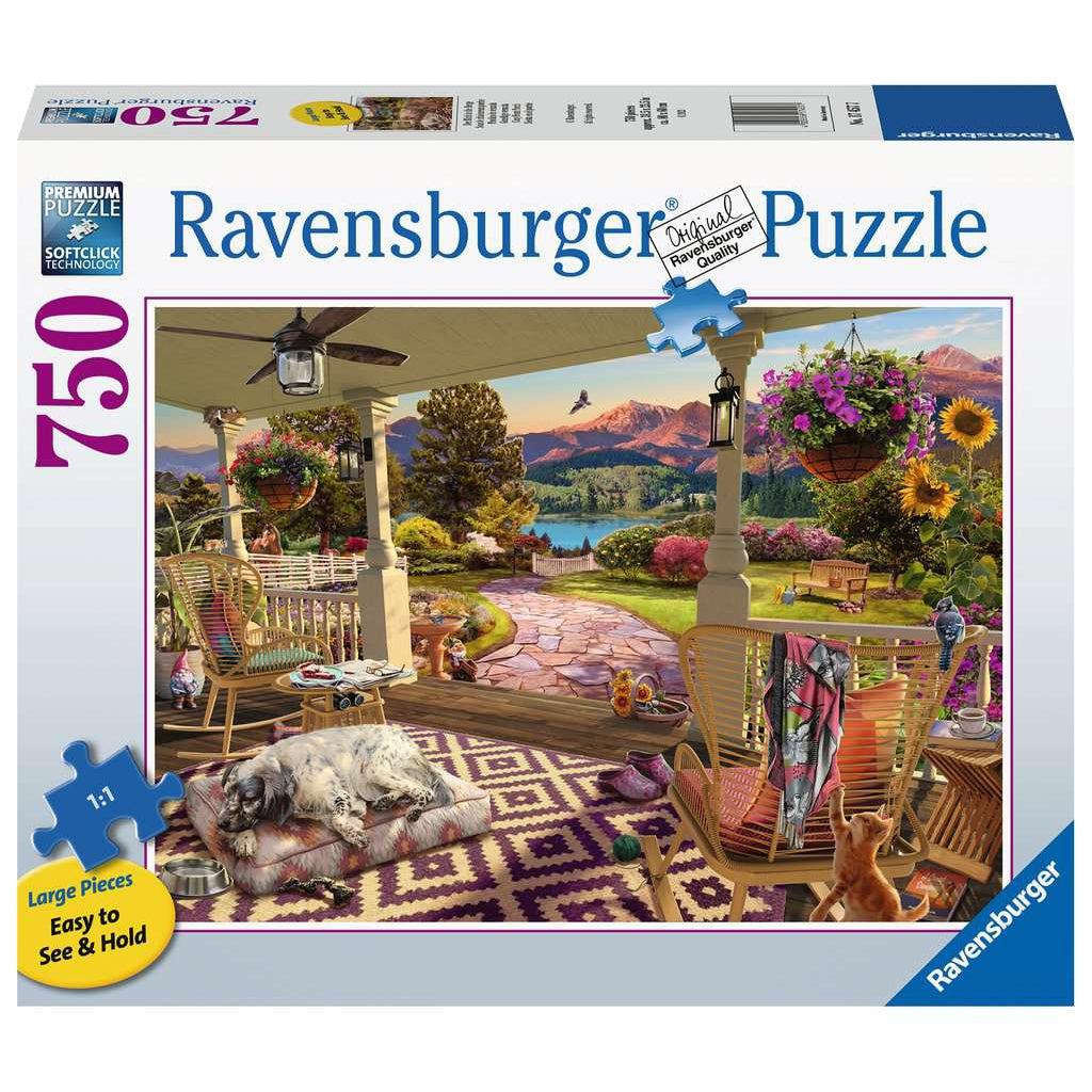 Image of front of puzzle box. It has information such as brand name, Ravensburger, and piece count (750 XL). In the center is a picture of the finished puzzle. Puzzle described on next image.