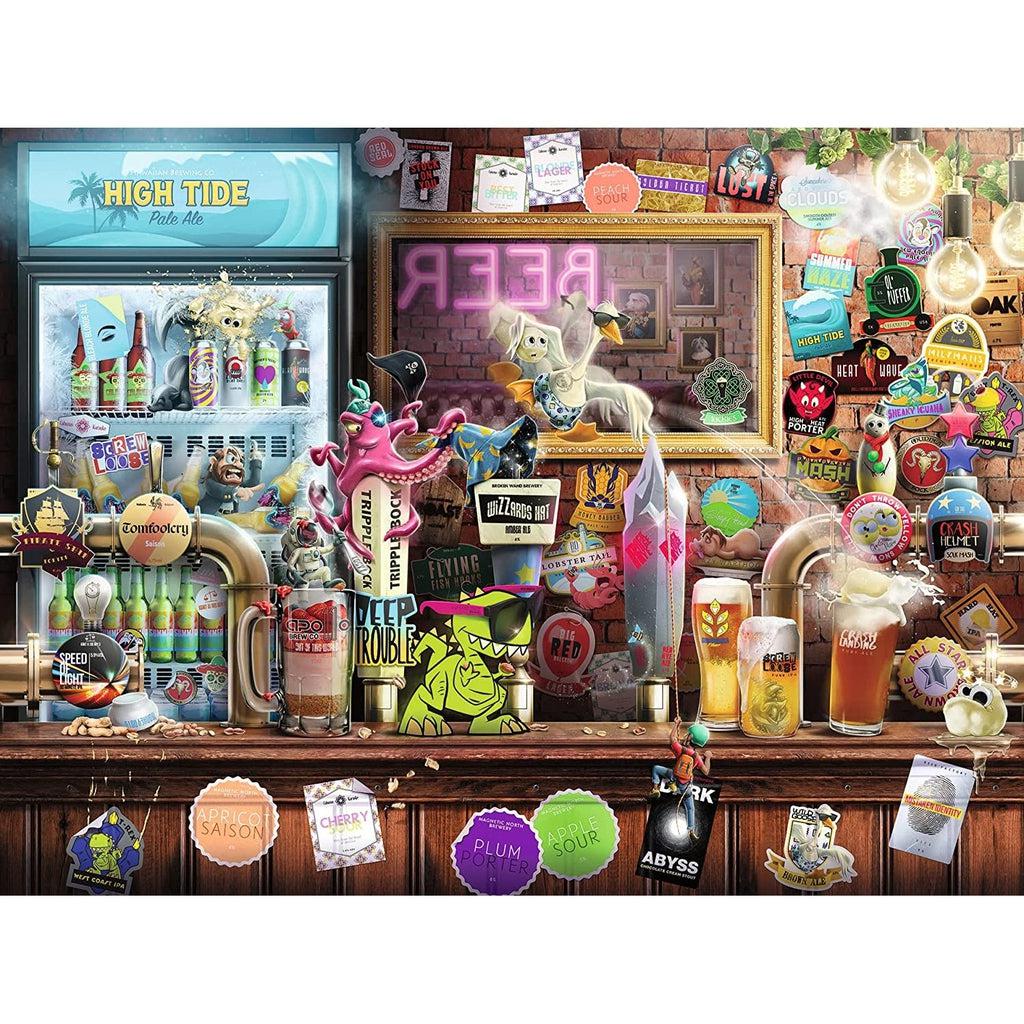 Puzzle image shows a bar and brick wall behind it covered in stickers advertizing a variety of fake craft beers | There are a variety of cartoon animals and characters climbing the bar and taps | There are a variety of filled mugs and a fridge full of various beers