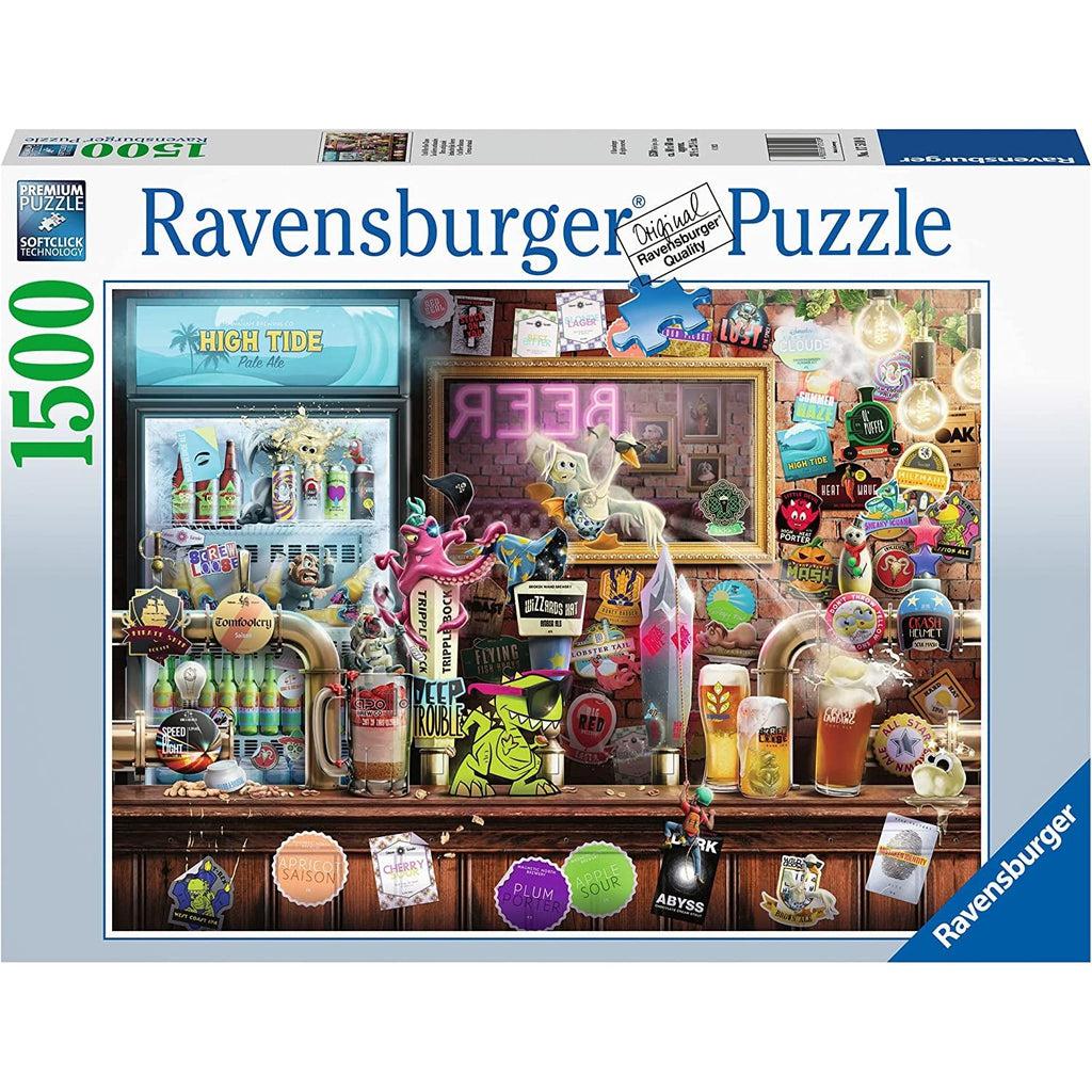 Front of the puzzle box has the ravensburger logo along the top and in bottom left corner | Puzzle image shows a realistic bar with a variety of filled mugs and cartoon animals climbing the bar and taps