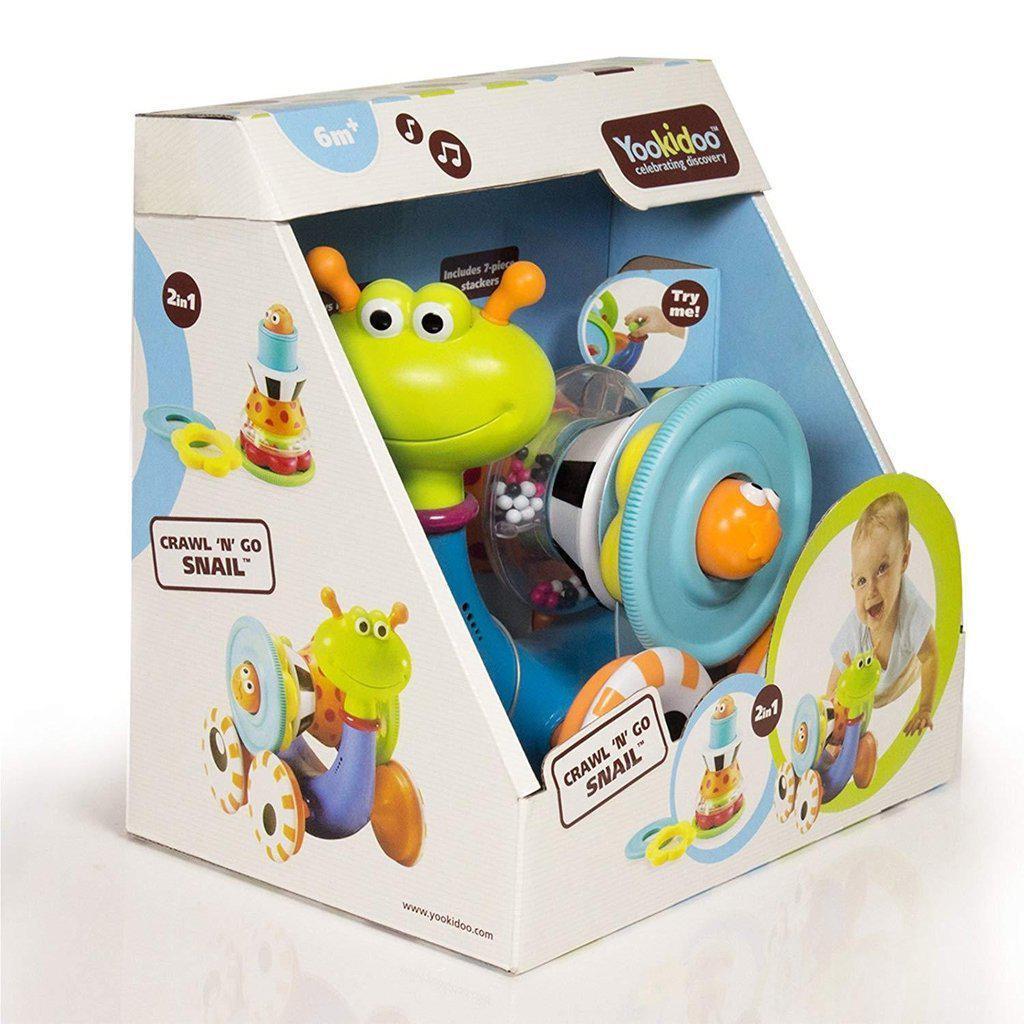 Image of the packaging for the Crawl n' Go Snail. Part of the front is cut away so you can see and touch the toy inside.