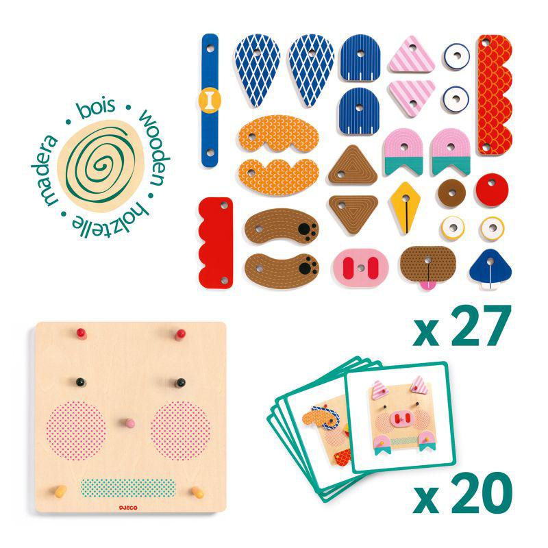Image of all the included pieces. It includes a faces board, 27 wooden face parts, and inspiration cards.