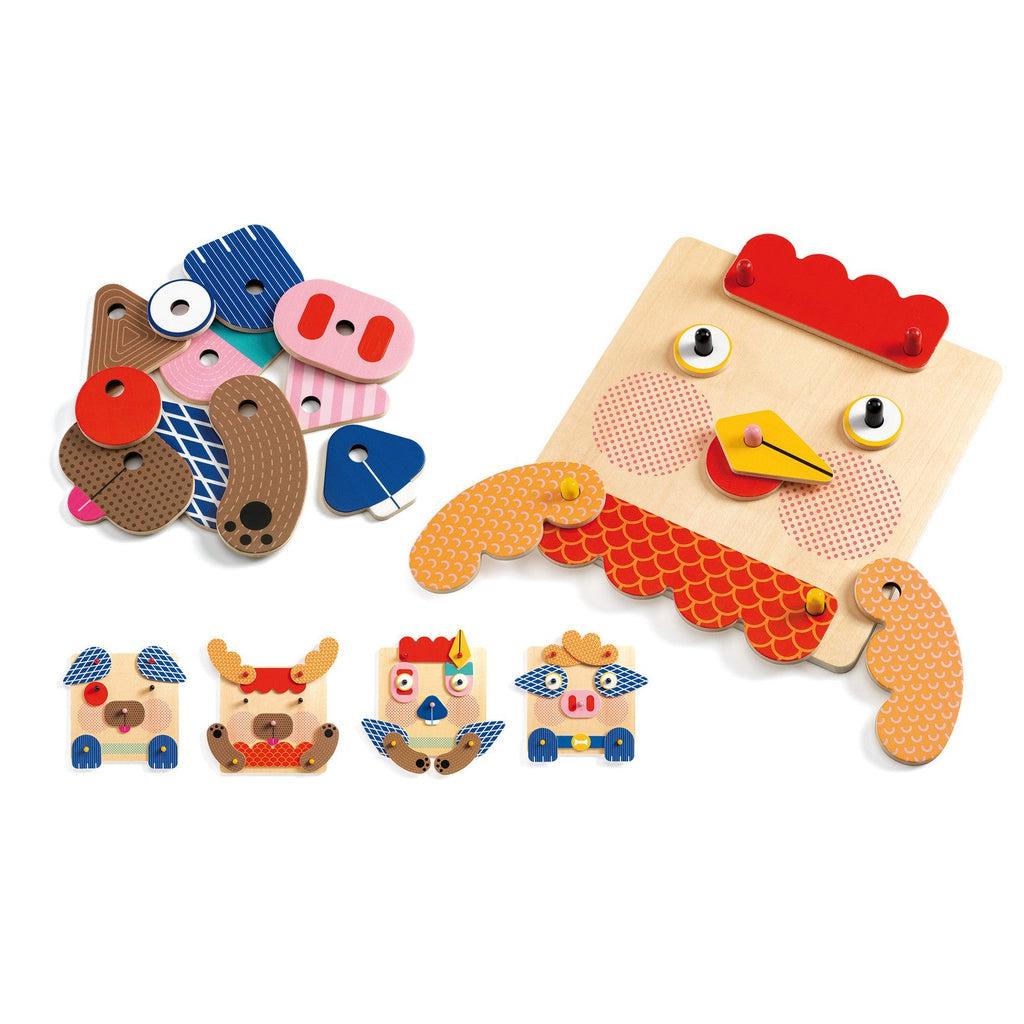 Shows multiple different orientations of the wooden face puzzle. Each included piece is in bright colors and has a pattern to it.