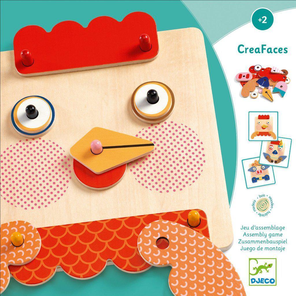 Image of the packaging for the CreaFaces Create-A-Face Wooden Board. On the front is a picture of one orientation of the puzzle.