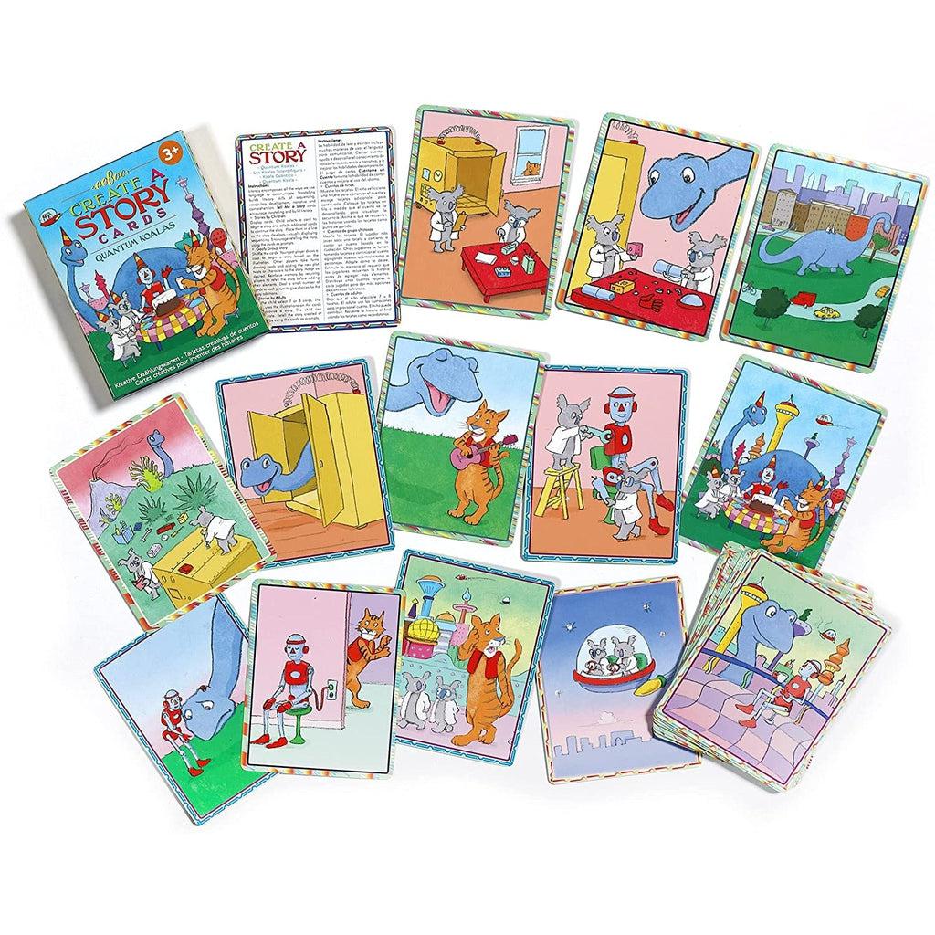 image shows the box, a card showing the rules for playing and a line of cards showing how the cards are drawn and played to make a unique story between each card. 