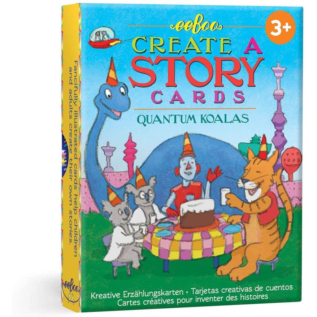 the quantim koalas create a story game from eeboo. the game shows koalas, a tiger, a clown and a dino having a pary on the cover of the box