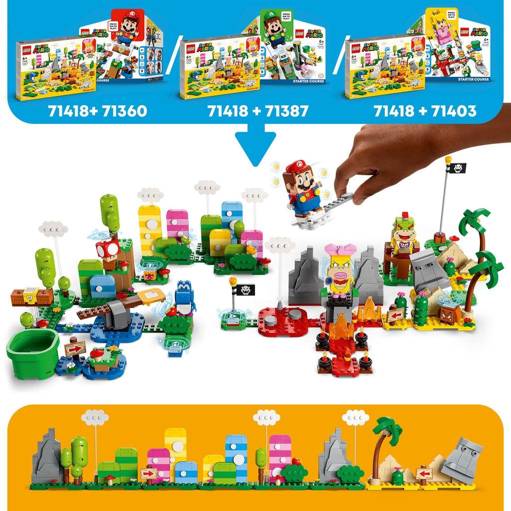 Graphics showing that this set can be combined with any of the 3 Lego super mario starter sets, the mario, peach, or luigi set. They can be combined with this set to make a larger course to play with