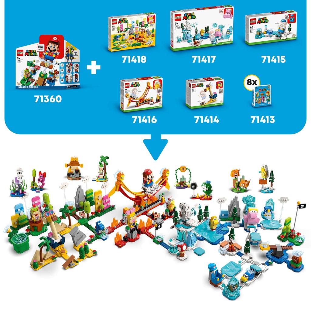 graphic showing that this set can be combined with the other lego super mario sets (71360, 71416, 71414, 71415, 71417, 71413; each sold separately) to make a gigantic lego super mario world