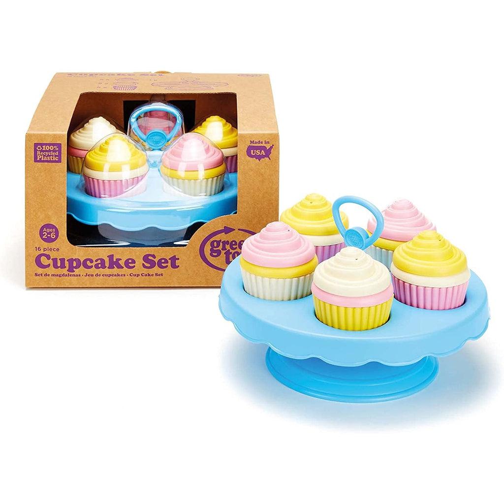 Image of the packaging for the Green Toys Cupcake Set. The front of the box is open with the set covered in a clear plastic so you can see the included pieces.