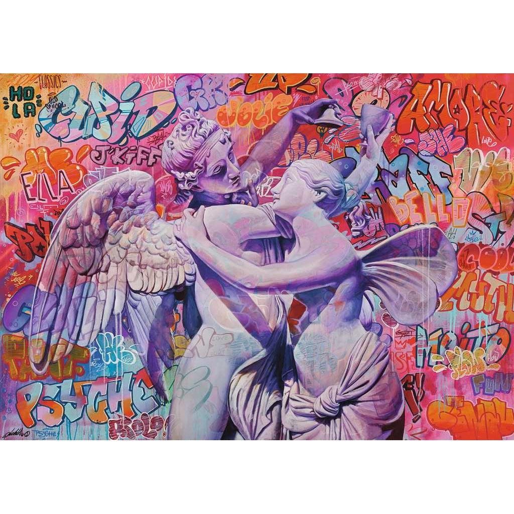 Puzzle is of marble statues of Cupid and Psyche gaze at each other as they touch. Behind them a wall of graffiti with the word love in all different languages and warm toned colors.