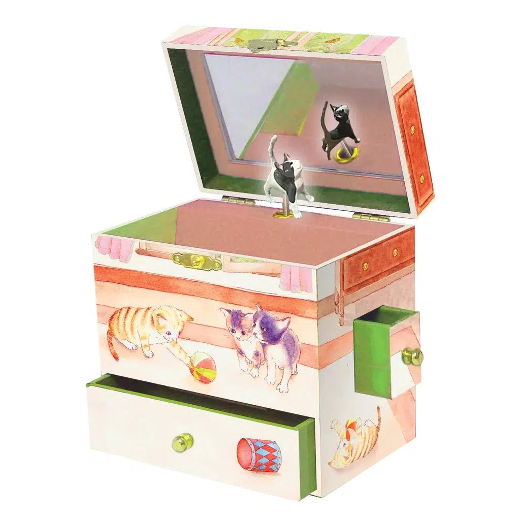 Music box with 1 large drawer at the bottom of the front, and two small drawers in the sides. The top opens to reveal a mirror and a kitten figure above a large chest like opening. The outside features artwork of kittens playing.