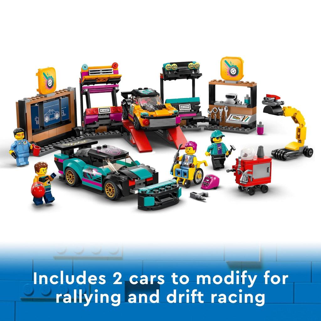 The full lego set is shown on a white background, full contents detailed in description | image reads: includes 2 cars to modify for rallying and drift racing.