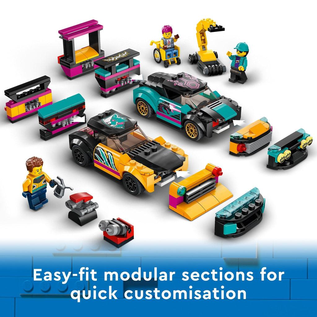 Image shows the two cars with two of the optional bumpers and spoilers in front/behind each of the cars | image reads: Easy-fit modular sections for quick customization