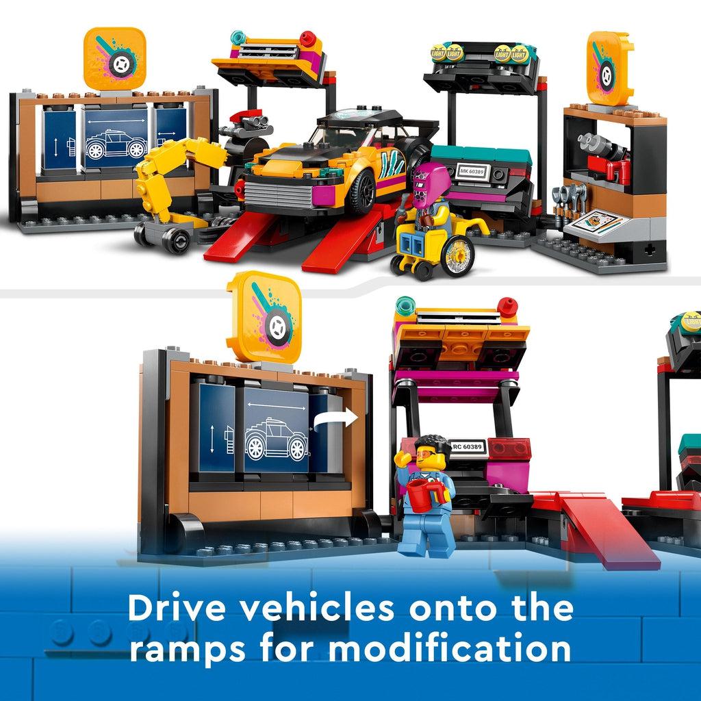 top image shows one of the cars on the service ramp | bottom image shows a lego figure looking at the design wall, each third spins to display different car designs | image reads: drive vehicles onto the ramps for modification.
