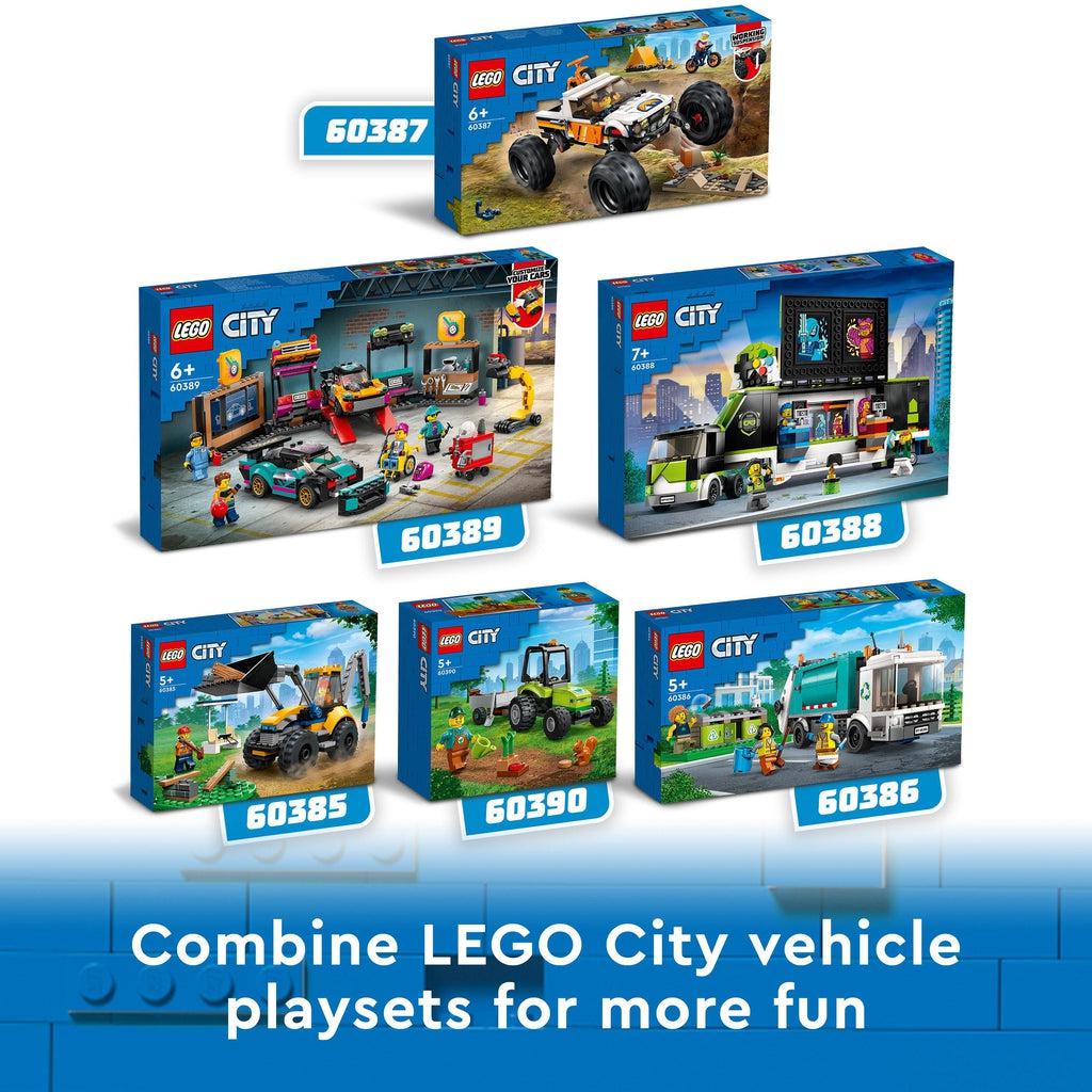 This set and 5 others (60385, 60390, 60386, 60388, and 60387; each sold separately) are shown | image reads: combine lego city vehicle playsets for more fun