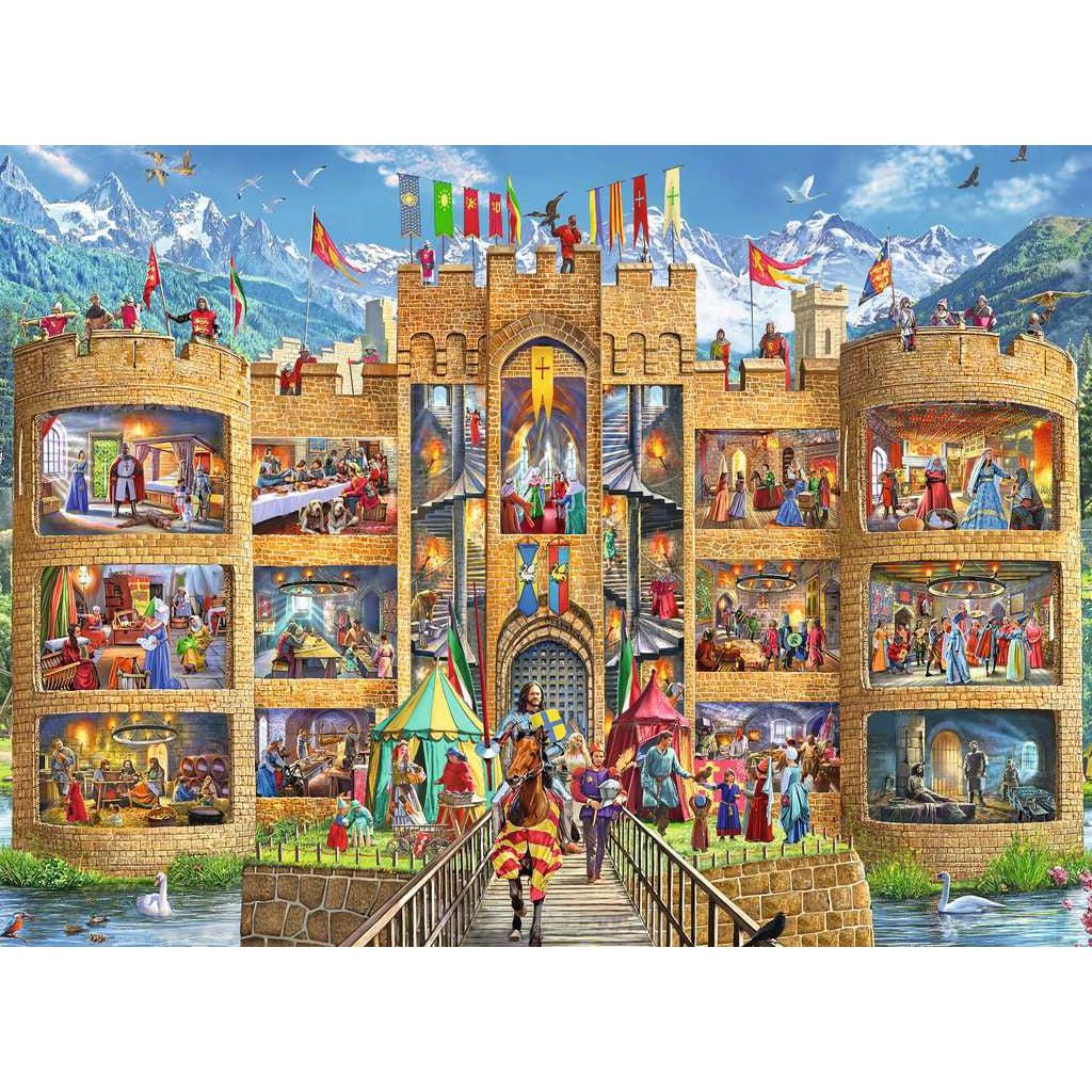 Puzzle Image | A knight on a horse rides toward viewer and away from a large medieval castle in front of a picturesque mountain scene. | Walls of rooms in the castle appear to be cut out so the viewer can see each room's inhabitants. | Examples of activities in each room are given in puzzle description.