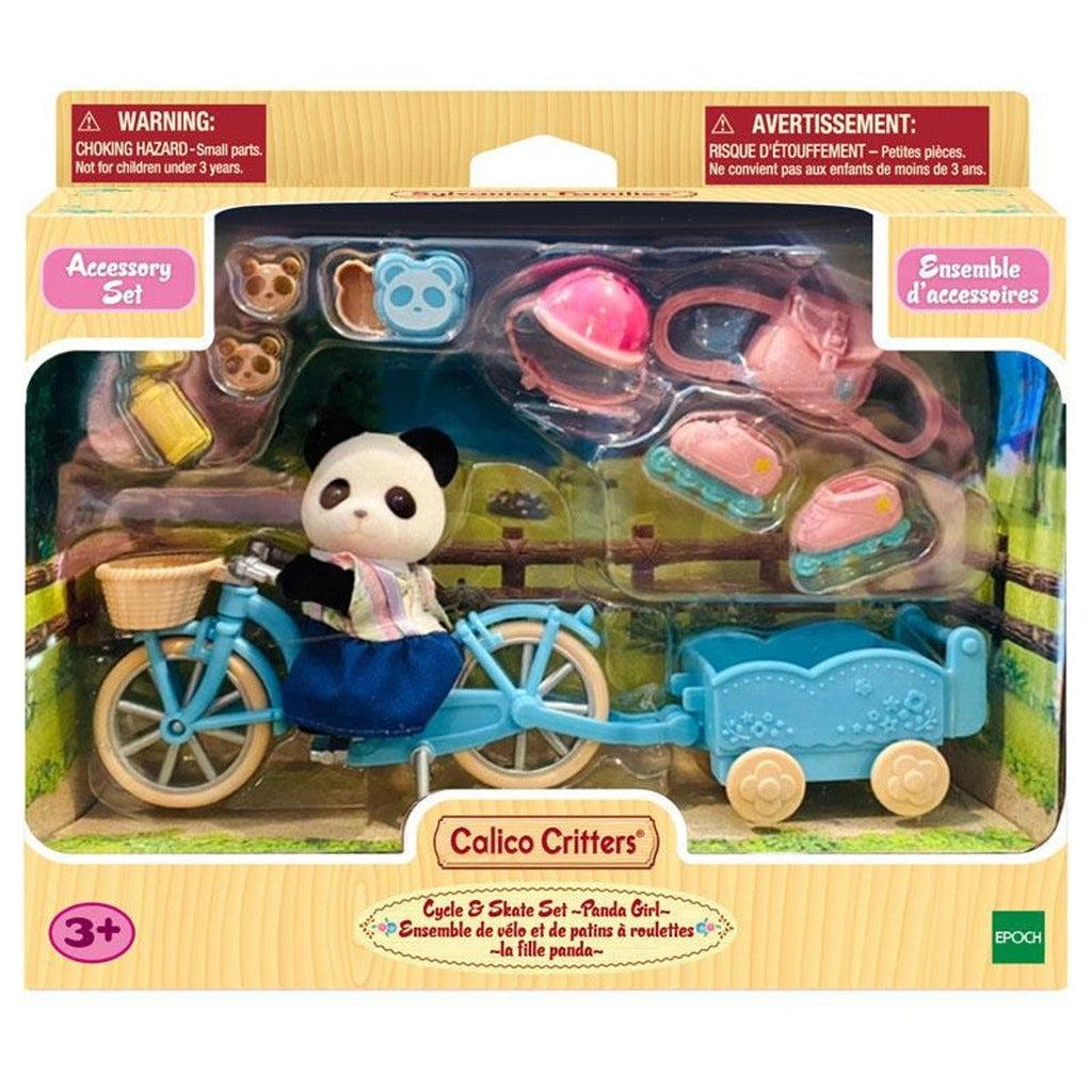 Image of the packaging for the Calico Critters Cycle & Skate Panda Girl set. The front is made of clear plastic so that you can see all the included piece inside.