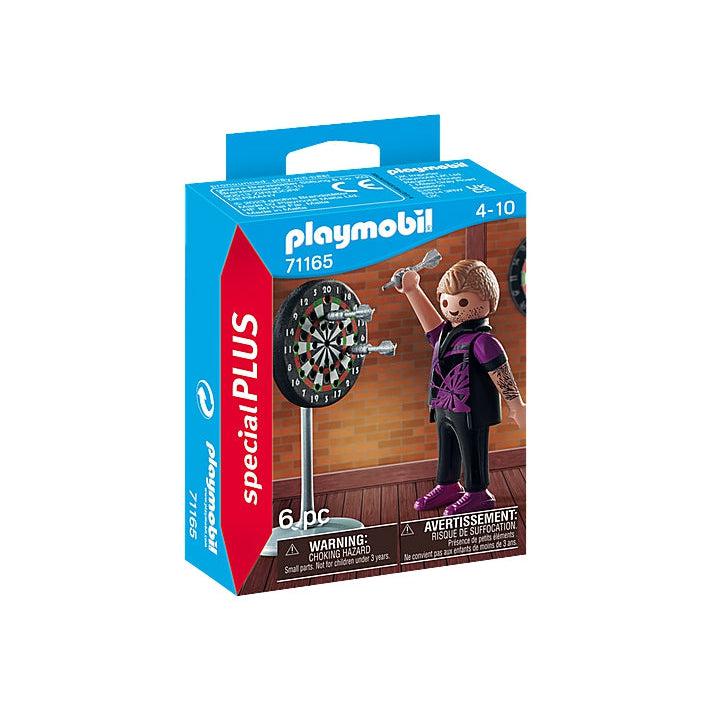 the cover of the smallish box shows the playmobil dart player figure throwing darts at the dart board. He is wearing a black shirt with purple on the top and a purple dartboard graphic