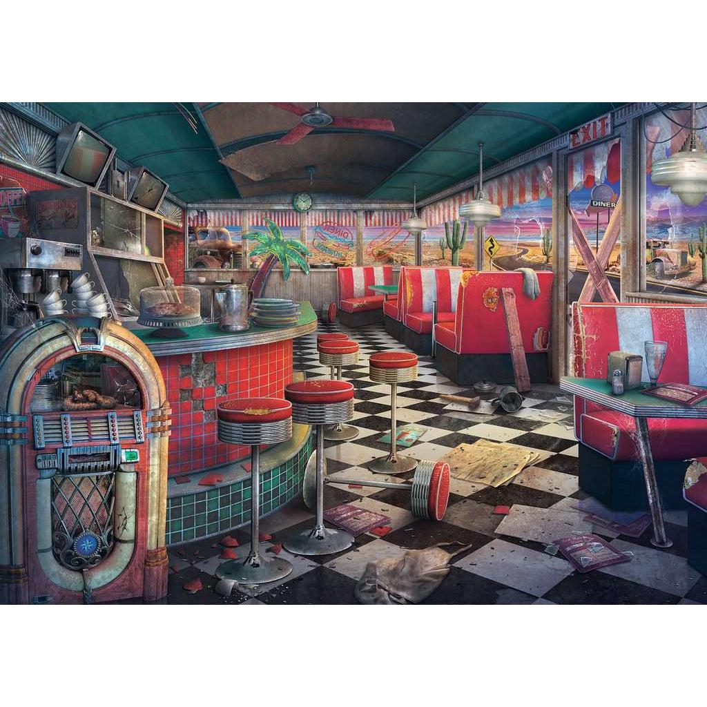 Puzzle is an abandoned diner in the middle of the desert. The windows are all shattered, the ceiling tiles are falling off, the stools and benches are falling over, and the jukebox is no longer functional. There is dirt and cobwebs all over the entire place.