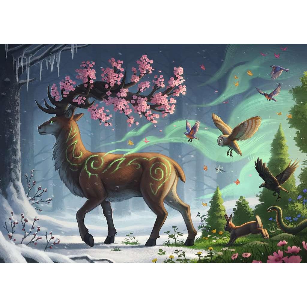 Puzzle image | Mystical deer with glowing green marking and cherry blossoms branches for horns walks into a snowy forest changing the season from winter to spring | Behind the deer shows a green, flowery forest full of forest animals who follow behind.