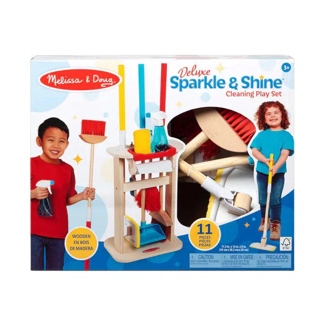 Image of the packaging for the Deluxe Sparkle & Shine Cleaning Play Set. Part of the front of the box is open so you can see and feel the contents of the set.