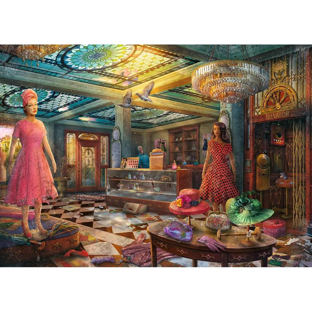 Image on puzzle | Interior of an abandoned luxury department store. Light streams though a stained glass skylights onto cracked mannequins, dusty apparel, and broken counter displays.