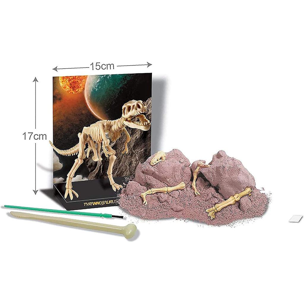 Contents of toy | Assembled t-rex plastic skeleton about 17 x 15 cm | Example bones in partially demolished plaster pieces. | Small green paintbrush and tan special digging tool.