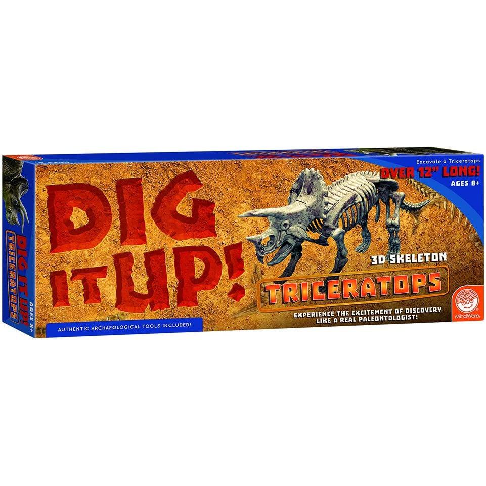 Toy packaging | Front has dirt like print with "DIG IT UP!" in large red letters | Triceratops skeleton from toy is displayed fully assembled on front.