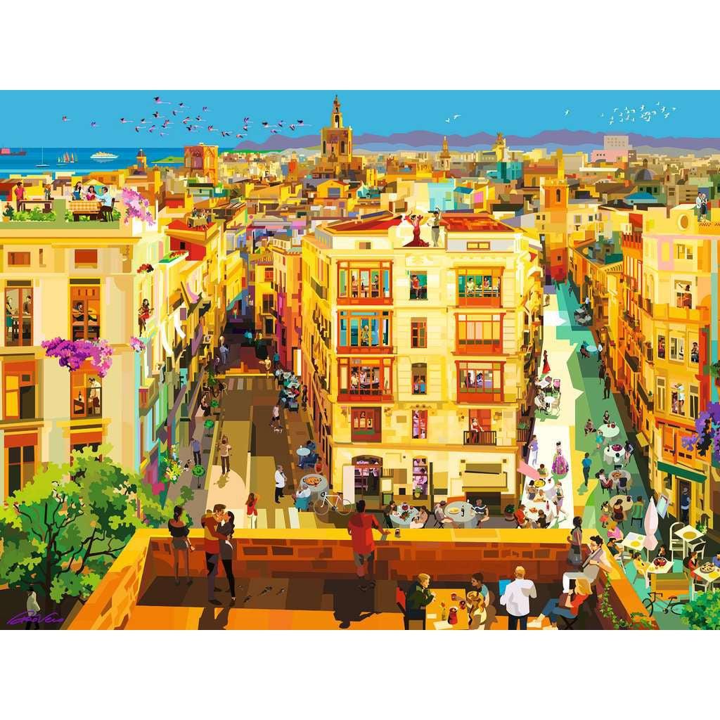 Puzzle is in a digital art style. Rooftop view of Valencia. A bustling city sits below, people dine on rooftops and the street.