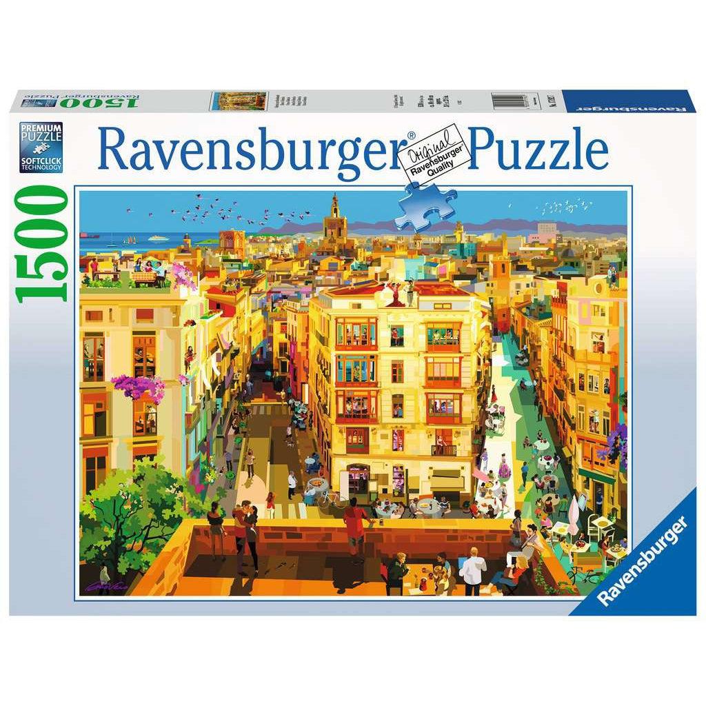 Image of front of the puzzle box. It has information such as the brand name, Ravensburger, and the piece count (1500pc). In the center is a picture of the finished puzzle. Puzzle described on next image.