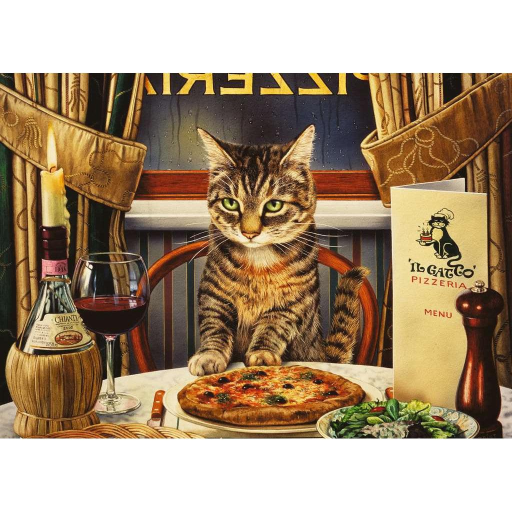 Image of puzzle | Realistic cat sits at a table with pizza, salad, wine, and a menu | Set in an Italian pizzeria 