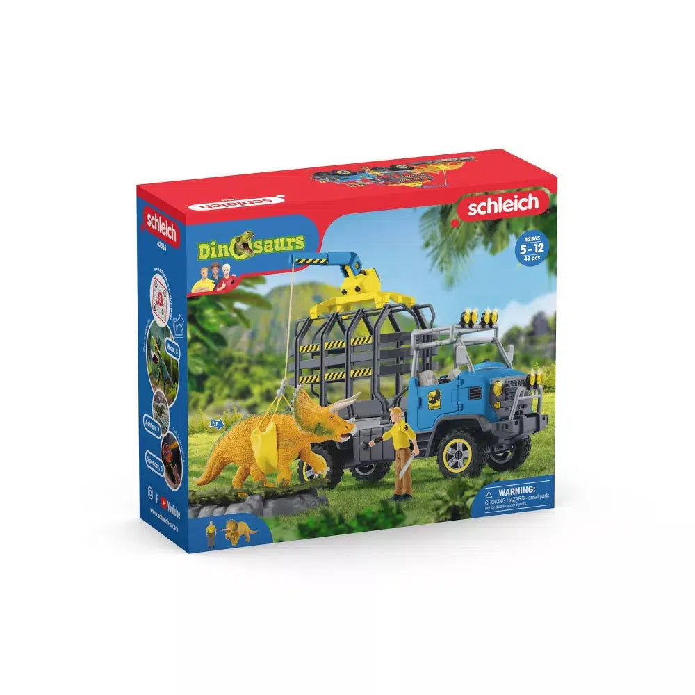 Image of the packaging for the Dino Transport Mission. On the front of the box is a picture of the transport car capturing a dinosaur with its big claw.
