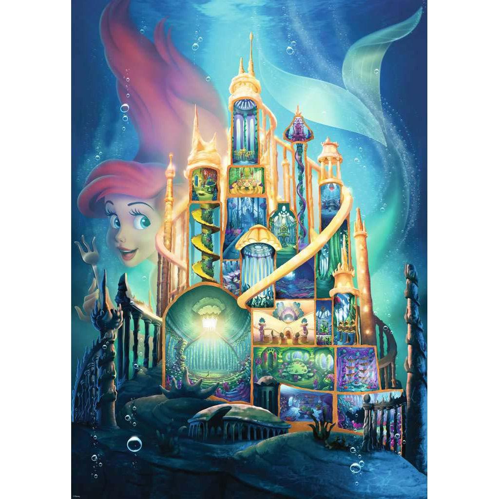 Puzzle image | Illustration of the castle from Little Mermaid cross sectioned so all rooms inside are visible. | A large version of Ariel swims behind the castle. | The castle is set underwater with sunlight streaming in from the surface, and bubbles rising to the surface.