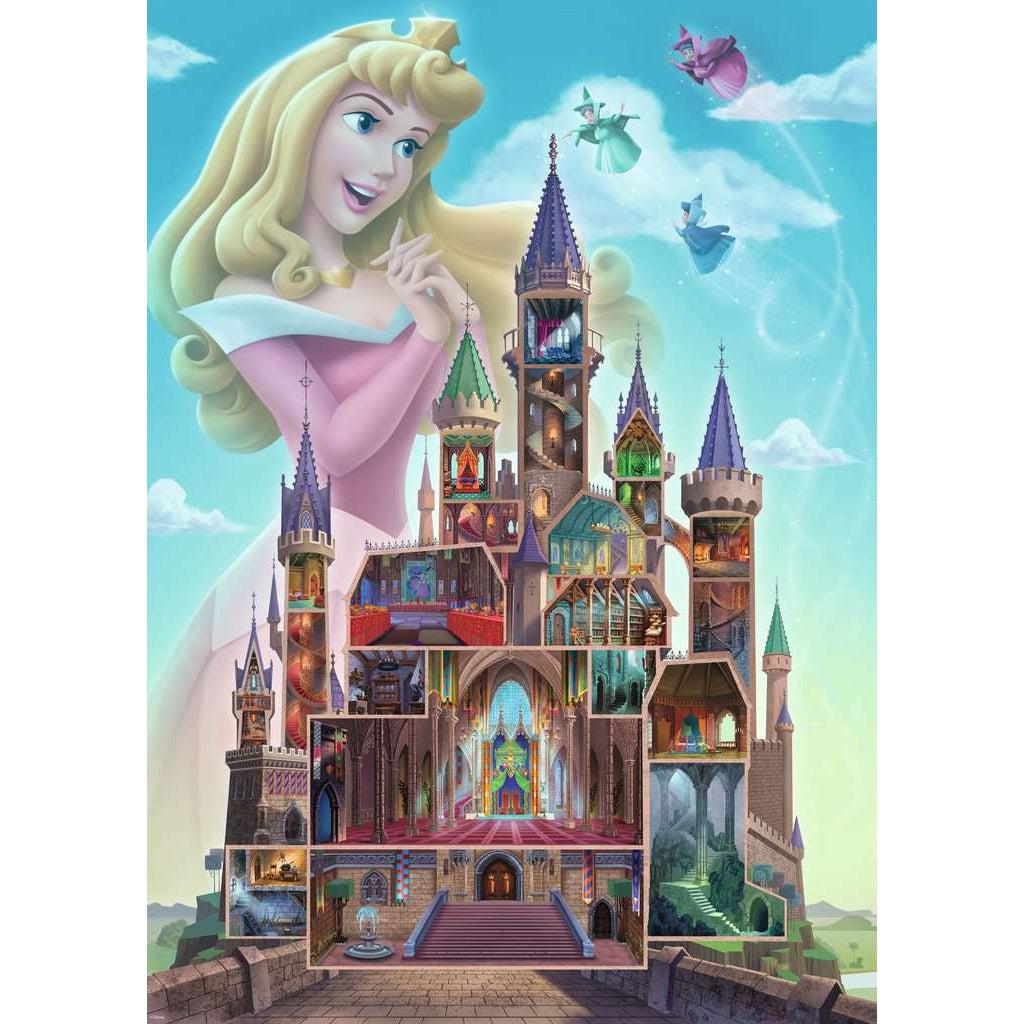 Puzzle image | Illustration of the castle from Sleeping Beauty cross sectioned so all rooms inside are visible. | A large version of Aurora stands behind the castle gazing at her three fairy caretakers. | The castle is set against a blue sky. 