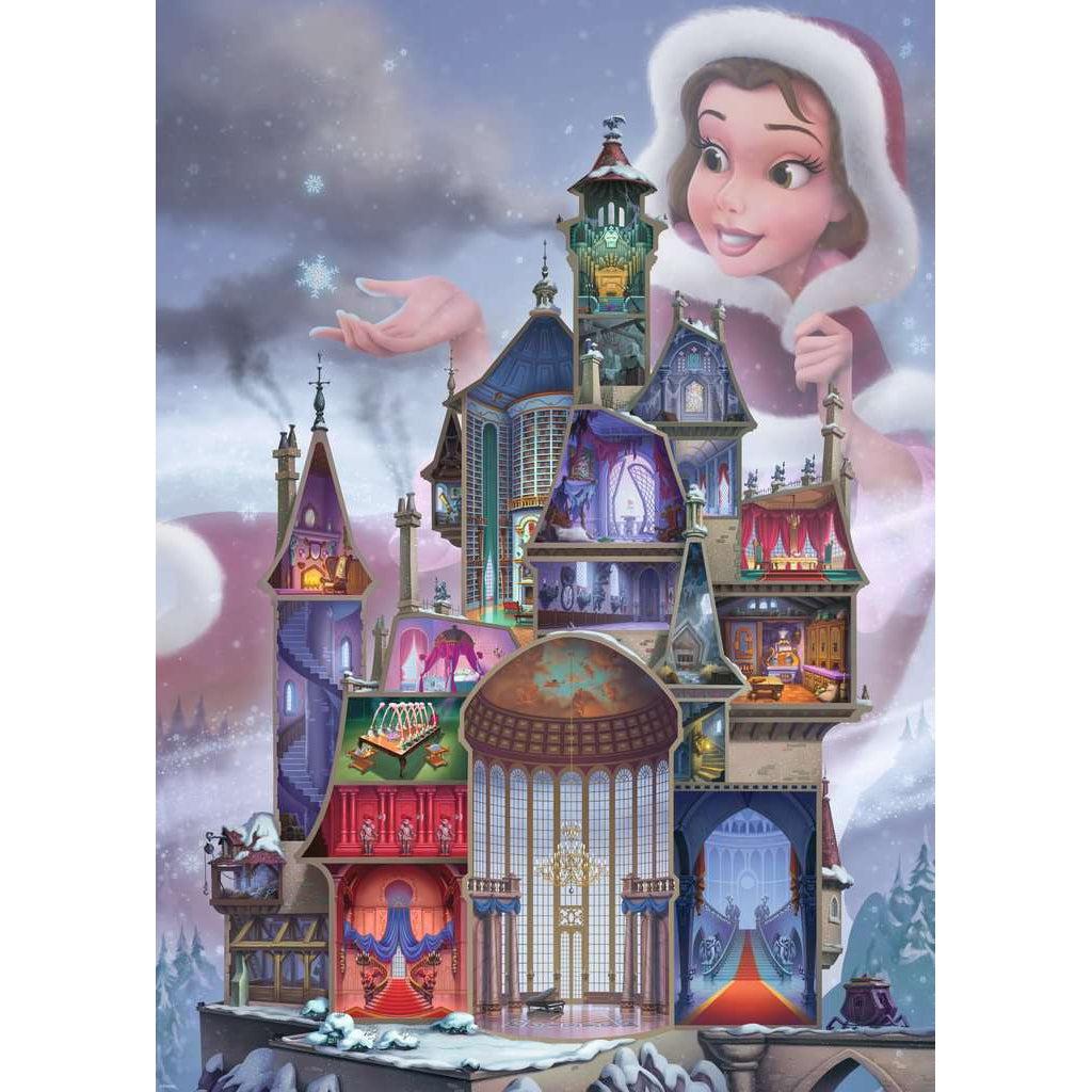 Puzzle image | Illustration of the castle from Beauty and the Beast cross sectioned so all rooms inside are visible. | A large version of Belle in her winter cloak stands behind the castle catching a snow flake. | The castle is set against a snowy forest and gray cloudy sky.