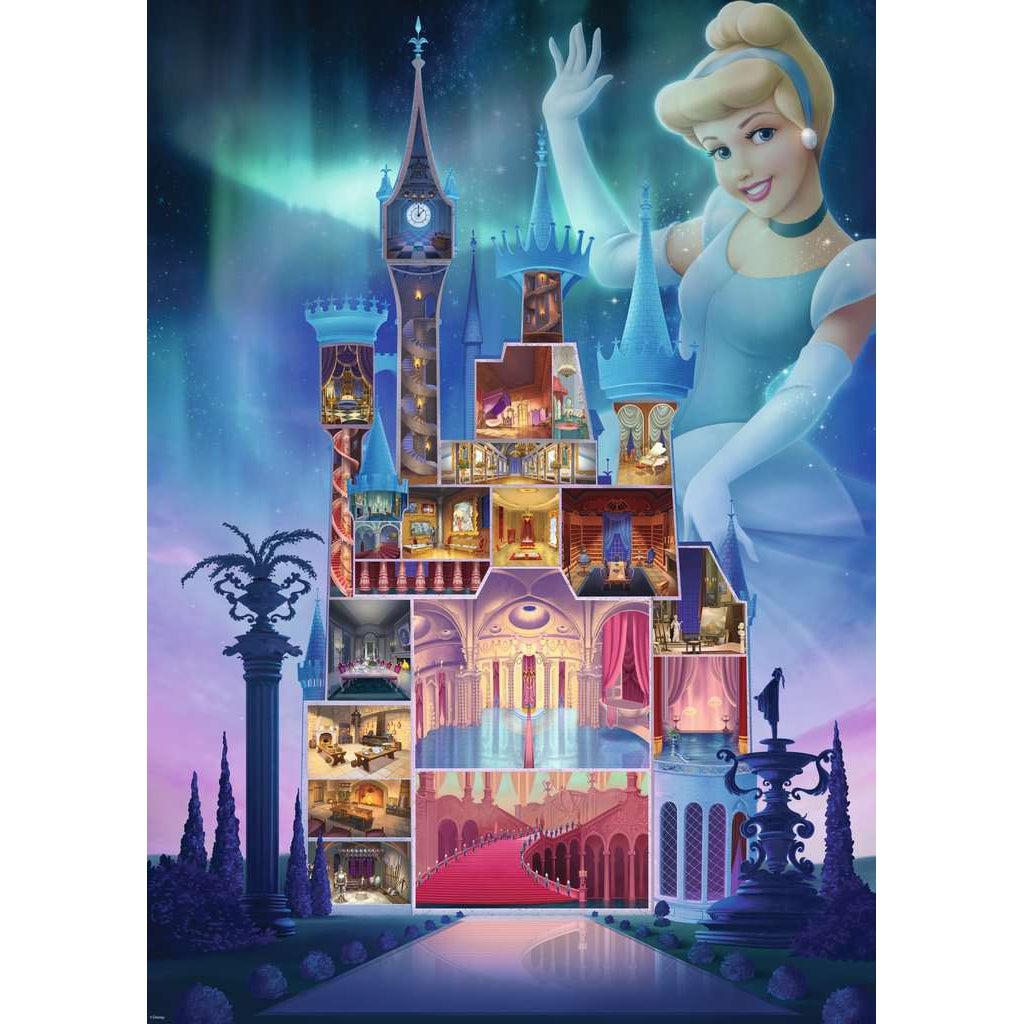 Puzzle image | Illustration of the castle from Cinderella cross sectioned so all rooms are visible. | A large version of Cinderella stands next to the castle waving to the viewer. | The castle is set against a night sky with colorful stars, and has dark gardens and statues in front of it.