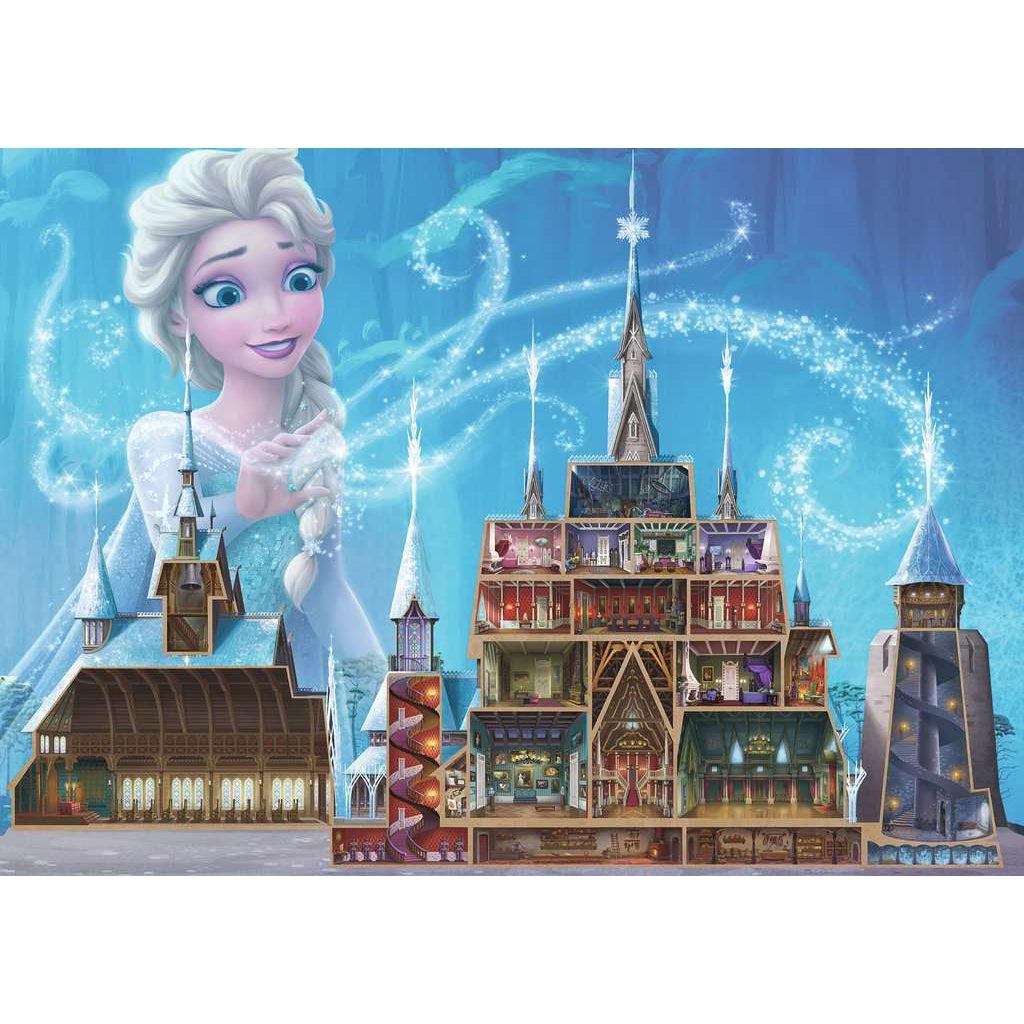 Puzzle image | Illustration of the castle from Frozen cross sectioned so all the rooms inside are visible. | A large version of Elsa stands behind the castle casting rays of icy sparkles around it. | The castle stands against a blue, ice textured background. 