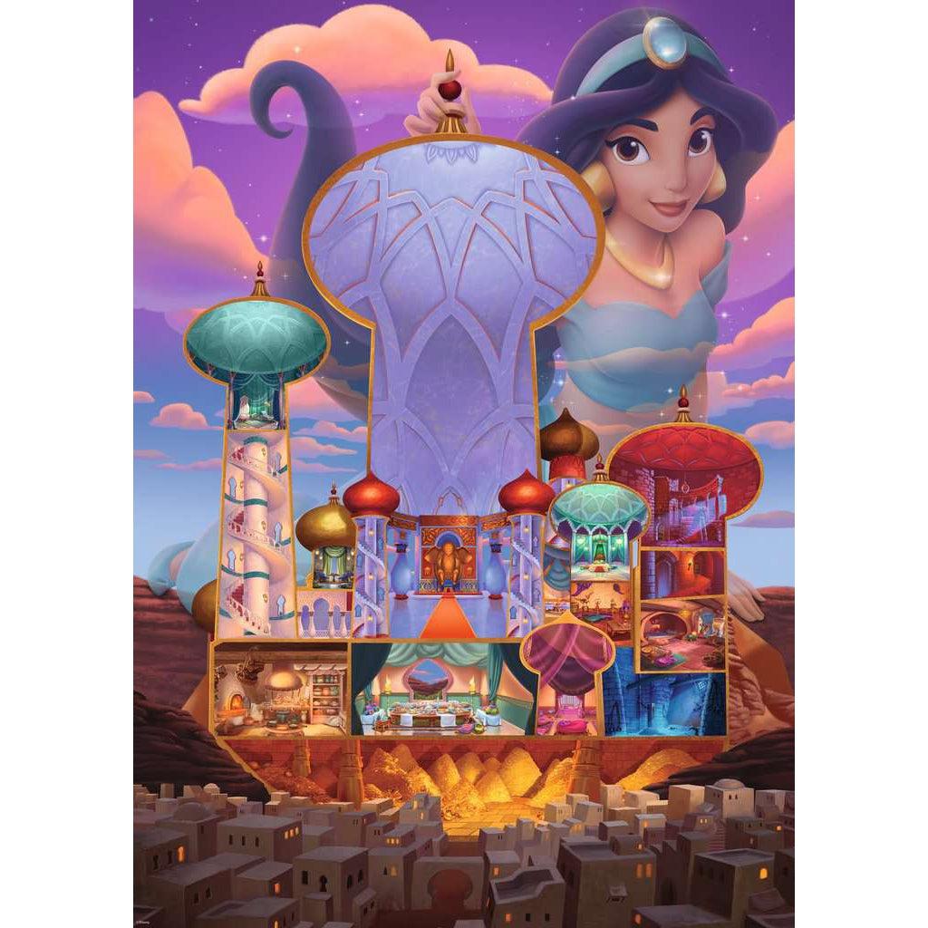 Puzzle image | Illustration of the castle from Aladdin cross sectioned so all rooms are visible within the castle. | A large version of Jasmine stands and leans against the castle. | In front of the castle is a city, and the castle is set against a purple dusky sky and desert scene.