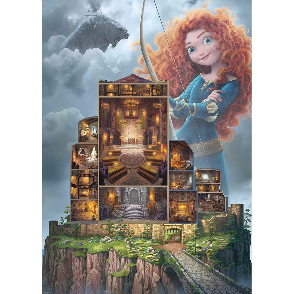 Puzzle image | Illustration of the castle from Brave cross sectioned so all inside rooms are visible. | A large version of Merida with her bow stands beside the castle. | The castle sits of a green grassy platform of land against a gray cloudy sky. In the sky there is a bear with arrows stuck inside it's back.