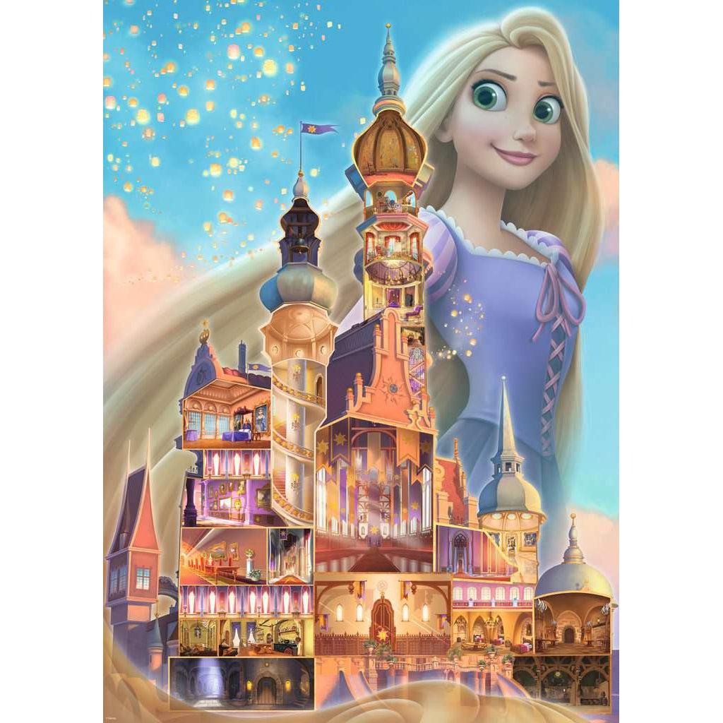 Puzzle image | Illustration of the castle from Tangled cross sectioned so all inside rooms are visible. | A large version of Rapunzel stands  behind the castle with her long hair wrapping around the side and front of the castle. | The castle sits against a blue sky with glowing lanterns coming from it's highest tower.