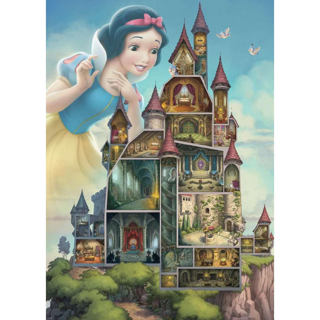 Puzzle image | Illustration of the castle from Snow White cross sectioned so you can the rooms inside.  | A large image of Snow White looks into the castle from the sky above. | The castle sits on a tree covered hill against a blue sky.
