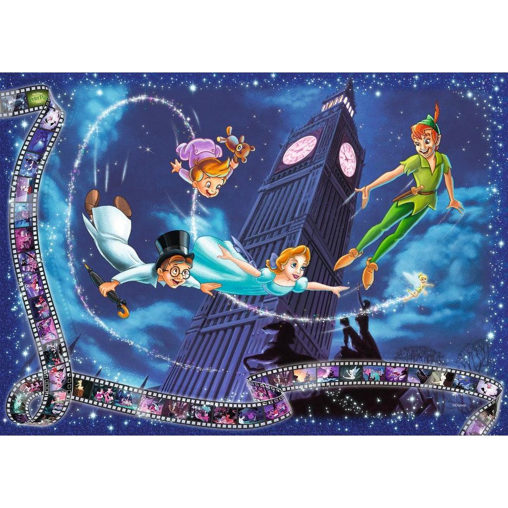 Image of puzzle | Peter Pan, Darling children, and Tinkerbell fly through night sky in front of Big Ben. Film reel wraps around left and bottom edge.