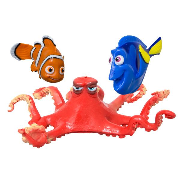 The three dive toys are shown outside of the packaging, one shaped like dory the fish, one nemo the fish, and one hank the octopus. From the movie finding dory.